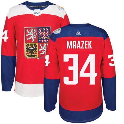 Adidas Team Czech Republic dresy 34 Petr Mrazek Authentic Červené Venkovní 2016 World Cup hokejové dresy