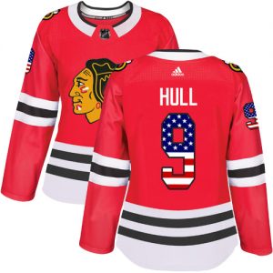 Dámské NHL Chicago Blackhawks dresy 9 Bobby Hull Authentic Červené Adidas USA Flag Fashion
