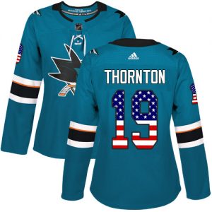 Dámské NHL San Jose Sharks dresy 19 Joe Thornton Authentic Teal Zelená Adidas USA Flag Fashion