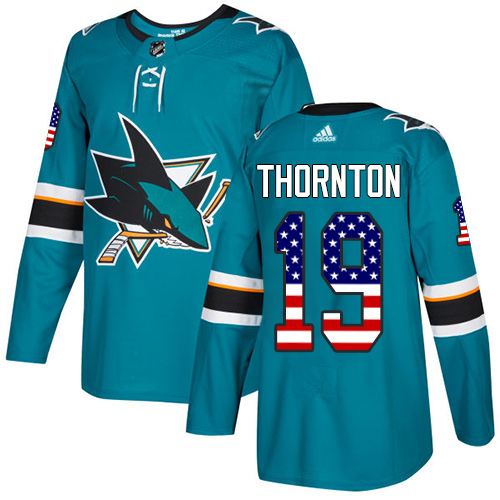 Dětské NHL San Jose Sharks dresy 19 Joe Thornton Authentic Teal Zelená Adidas USA Flag Fashion