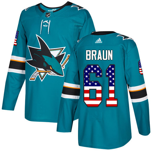 Dětské NHL San Jose Sharks dresy 61 Justin Braun Authentic Teal Zelená Adidas USA Flag Fashion