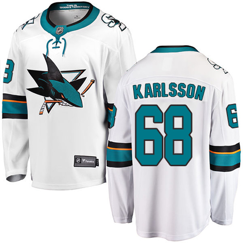 Dětské NHL San Jose Sharks dresy 68 Melker Karlsson Breakaway Bílý Fanatics Branded Venkovní