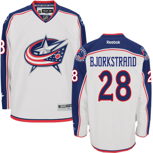 Pánské NHL Columbus Blue Jackets dresy 28 Oliver Bjorkstrand Authentic Bílý Reebok Venkovní hokejové dresy