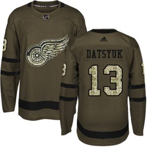 Pánské NHL Detroit Red Wings dresy 13 Pavel Datsyuk Authentic Zelená Adidas Salute to Service
