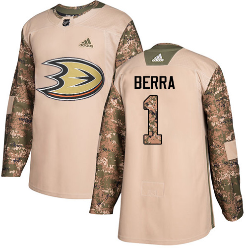 Dětské NHL Anaheim Ducks dresy 1 Reto Berra Authentic Camo Adidas Veterans Day Practice