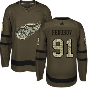 Pánské NHL Detroit Red Wings dresy 91 Sergei Fedorov Authentic Zelená Adidas Salute to Service