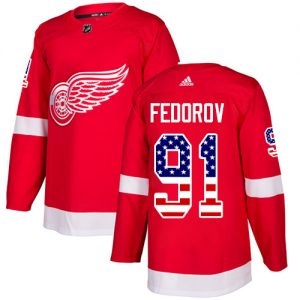 Pánské NHL Detroit Red Wings dresy 91 Sergei Fedorov Authentic Červené Adidas USA Flag Fashion