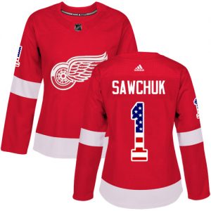 Dámské NHL Detroit Red Wings dresy 1 Terry Sawchuk Authentic Červené Adidas USA Flag Fashion