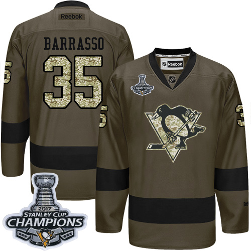 Pánské NHL Pittsburgh Penguins dresy 35 Tom Barrasso Authentic Zelená Adidas Salute to Service Stanley Cup Champions