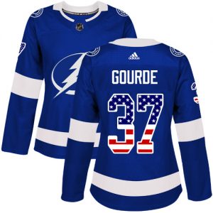 Dámské NHL Tampa Bay Lightning dresy 37 Yanni Gourde Authentic modrá Adidas USA Flag Fashion