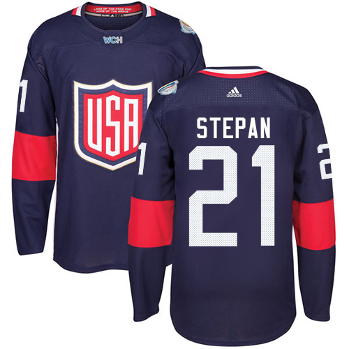 Dětské Adidas Team USA dresy 21 Derek Stepan Authentic Námořnická modrá Venkovní 2016 World Cup hokejové dresy